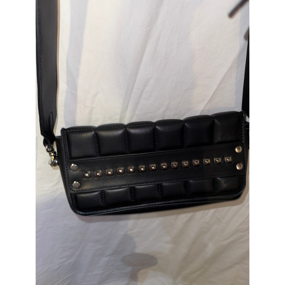 Matt & Nat Black Vegan Leather Quilted Studded Crossbody Bag Wide Strap